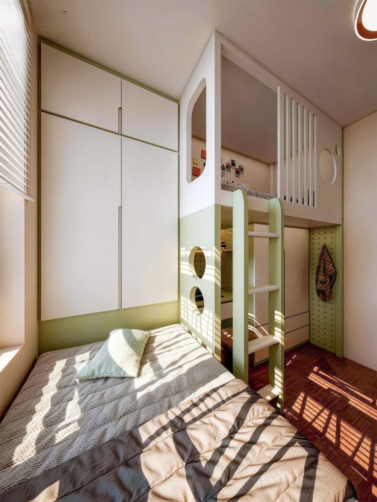 淺綠雙層床與收納書櫃訂造傢俬作品照片 5