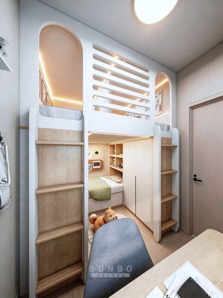 高架床下書桌與木色層架訂造傢俬作品照片 2