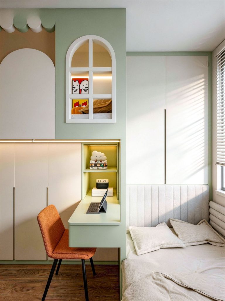 小屋造型上層床與薄荷綠書桌訂造傢俬作品照片 2