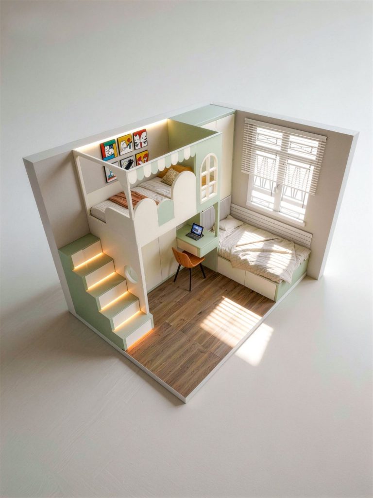 小屋造型上層床與薄荷綠書桌訂造傢俬作品照片 4